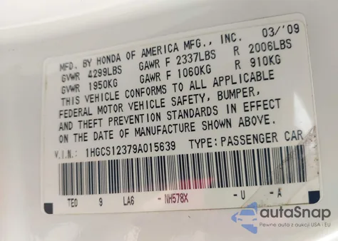 2009 Honda Accord 2.4 Lx-S из США, поврежденный, VIN 1HGCS12379A015639